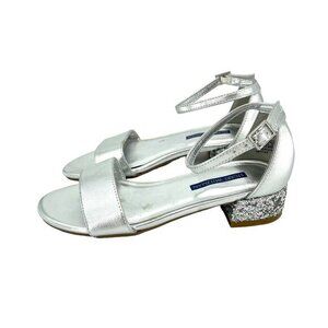 Stuart Weitzman Penelope Girls Silver Glitter Sandals Ankle Straps SZ 13